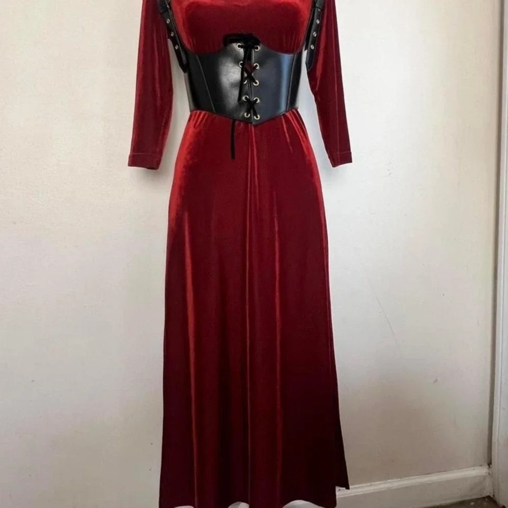 Coldwater Creek Burgundy Ribbed Velvet V-Neck Maxi‎ Dress PXS Red 3/4 Sleeve